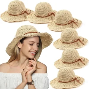 Bonuci 6 Pcs Floppy Paper Straw Sun Hat Foldable Packable Wide Brim Scarecrow Hat Breathable Crochet Bucket Beach Hat