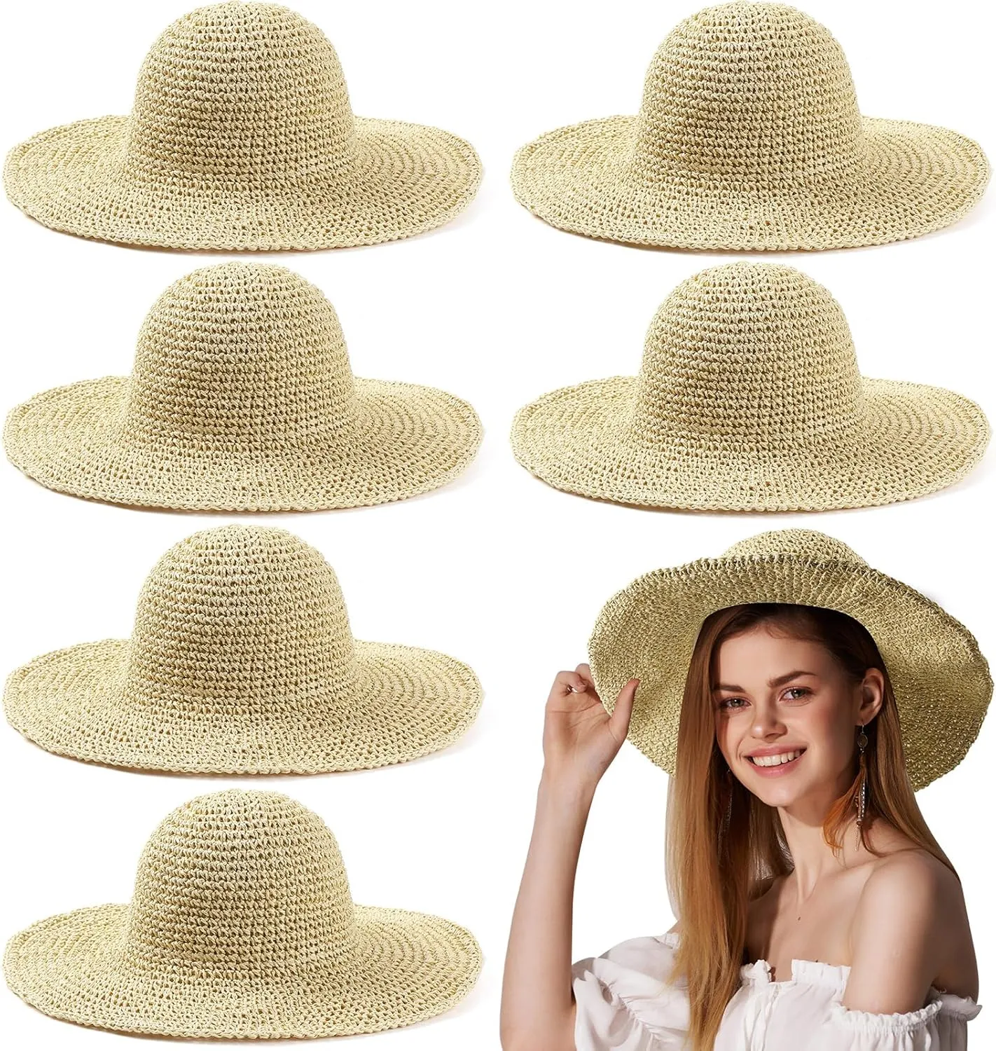 Bonuci 6 Pcs Floppy Paper Straw Sun Hat Foldable Packable Wide Brim Scarecrow Hat Breathable Crochet Bucket Beach Hat