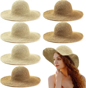 Bonuci 6 Pcs Floppy Paper Straw Sun Hat Foldable Packable Wide Brim Scarecrow Hat Breathable Crochet Bucket Beach Hat