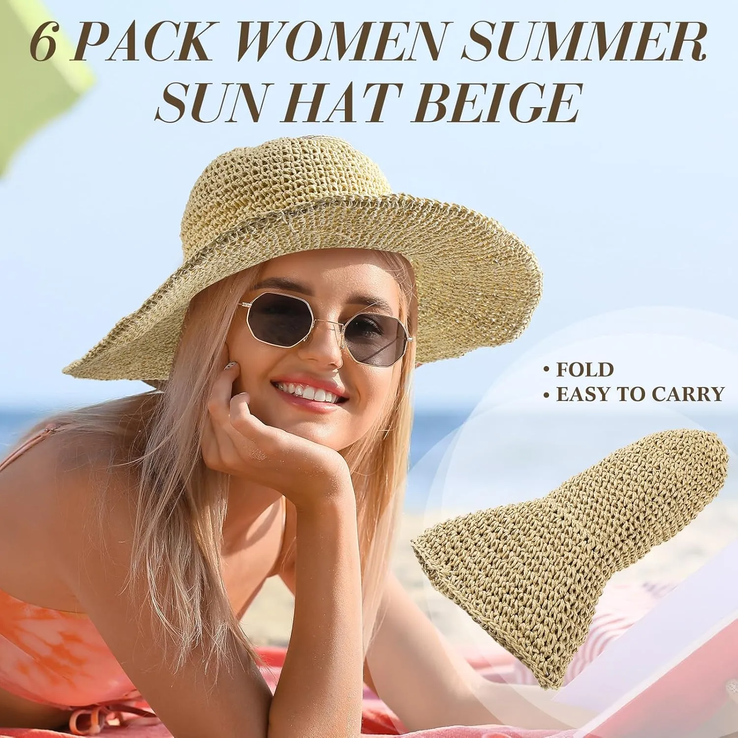 Bonuci 6 Pcs Floppy Paper Straw Sun Hat Foldable Packable Wide Brim Scarecrow Hat Breathable Crochet Bucket Beach Hat