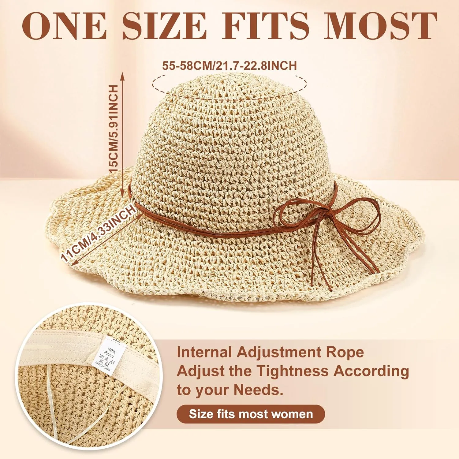 Bonuci 6 Pcs Floppy Paper Straw Sun Hat Foldable Packable Wide Brim Scarecrow Hat Breathable Crochet Bucket Beach Hat