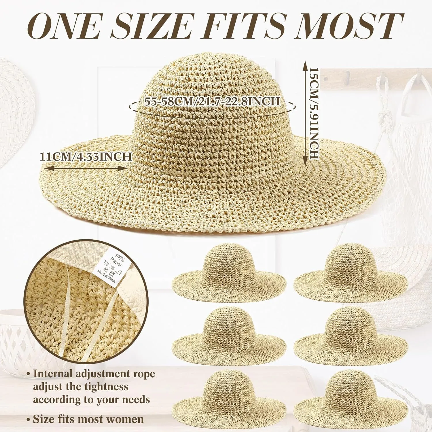 Bonuci 6 Pcs Floppy Paper Straw Sun Hat Foldable Packable Wide Brim Scarecrow Hat Breathable Crochet Bucket Beach Hat