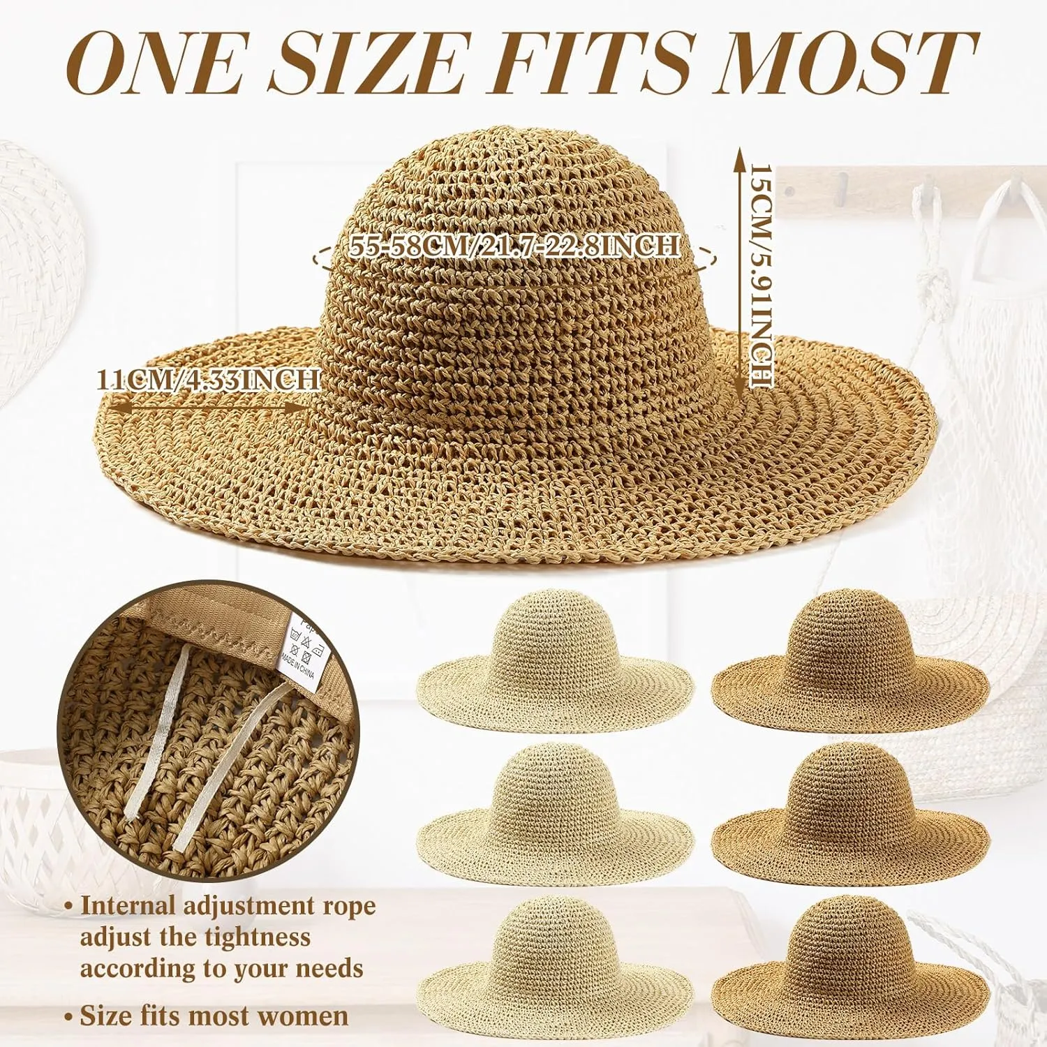 Bonuci 6 Pcs Floppy Paper Straw Sun Hat Foldable Packable Wide Brim Scarecrow Hat Breathable Crochet Bucket Beach Hat