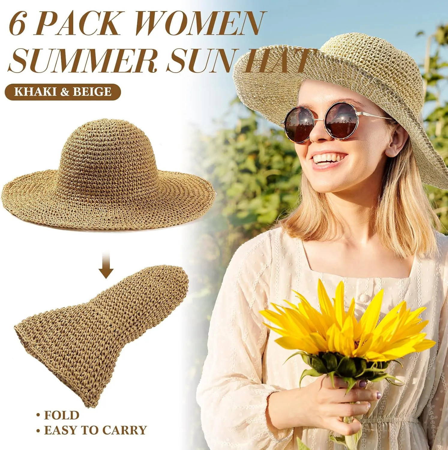 Bonuci 6 Pcs Floppy Paper Straw Sun Hat Foldable Packable Wide Brim Scarecrow Hat Breathable Crochet Bucket Beach Hat