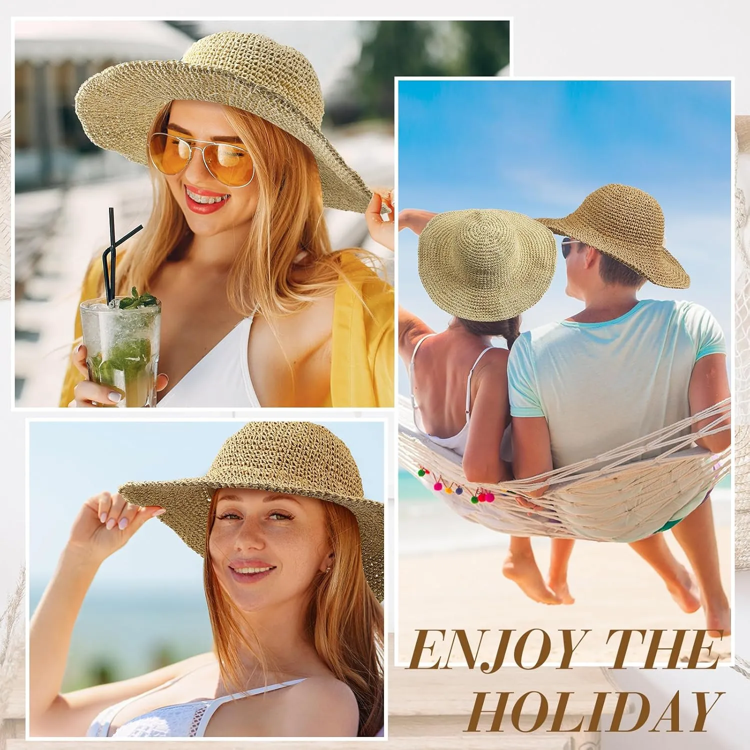 Bonuci 6 Pcs Floppy Paper Straw Sun Hat Foldable Packable Wide Brim Scarecrow Hat Breathable Crochet Bucket Beach Hat