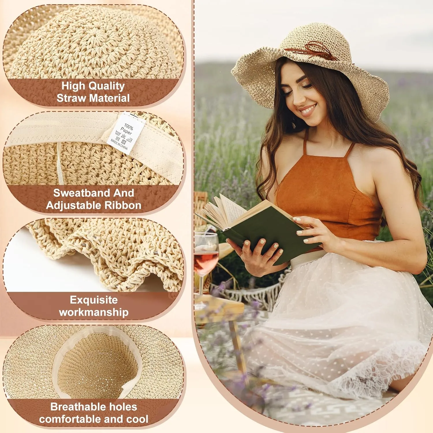 Bonuci 6 Pcs Floppy Paper Straw Sun Hat Foldable Packable Wide Brim Scarecrow Hat Breathable Crochet Bucket Beach Hat