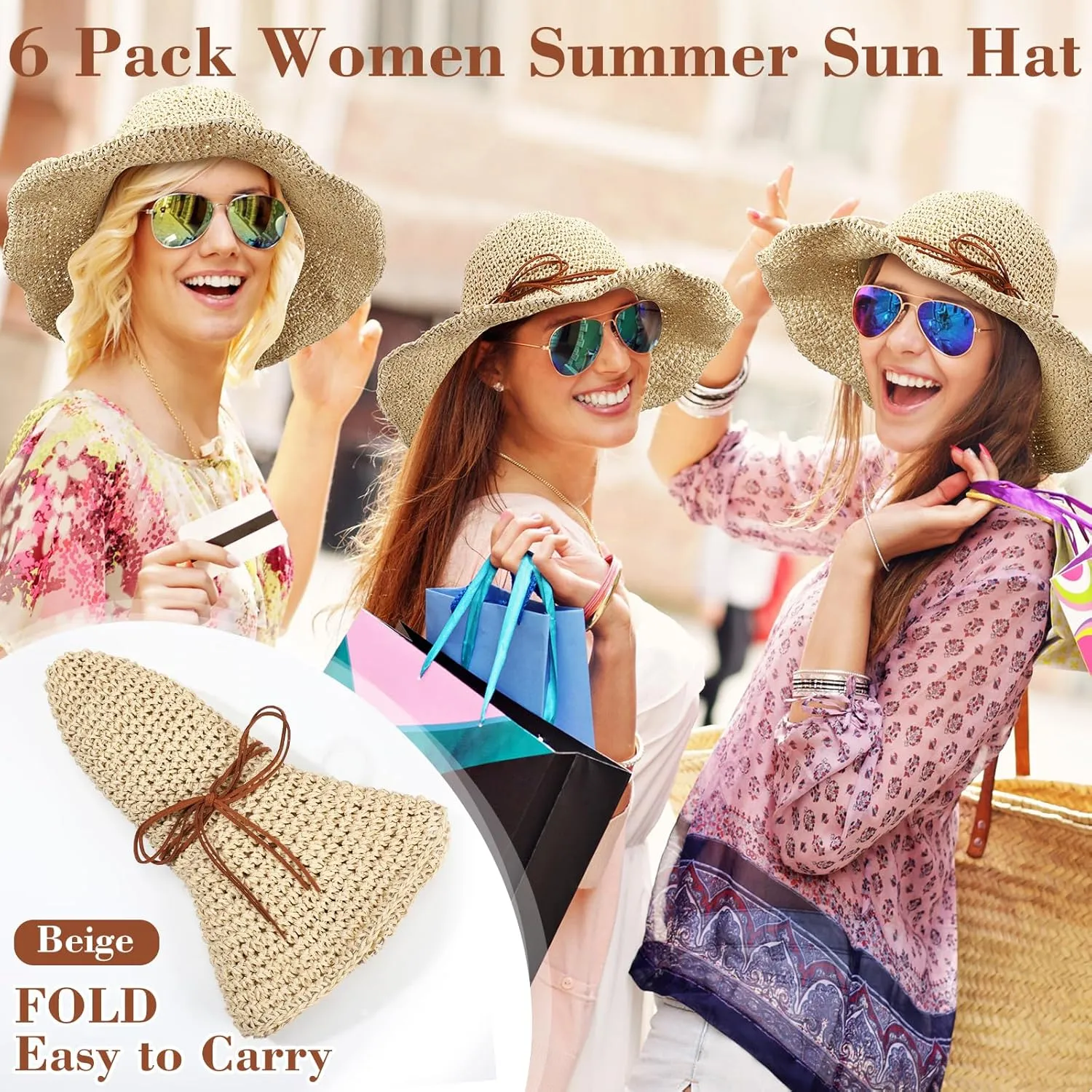 Bonuci 6 Pcs Floppy Paper Straw Sun Hat Foldable Packable Wide Brim Scarecrow Hat Breathable Crochet Bucket Beach Hat