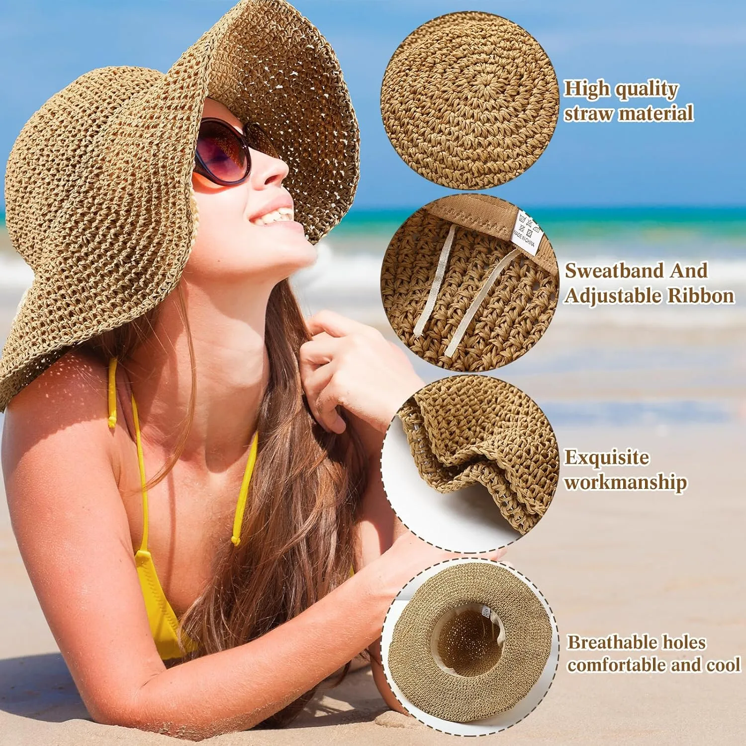 Bonuci 6 Pcs Floppy Paper Straw Sun Hat Foldable Packable Wide Brim Scarecrow Hat Breathable Crochet Bucket Beach Hat
