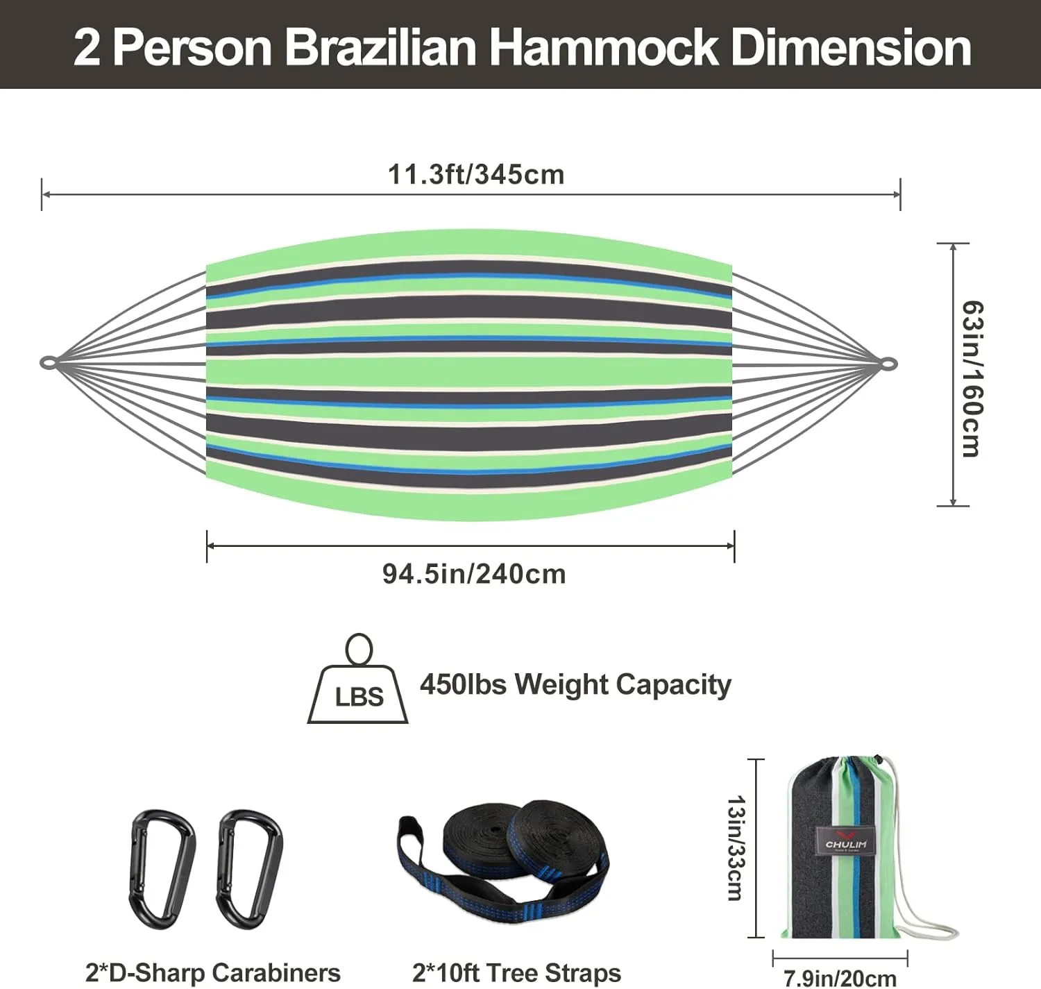 Brazilian Double Hammock with Tree Straps,Extra Large 94x63IN,2 Persons Hammock for Backyard Patio Outdoor and Indoor,450lbs Weight Capacity,Soft Woven Cotton Fabric - Black Stripe