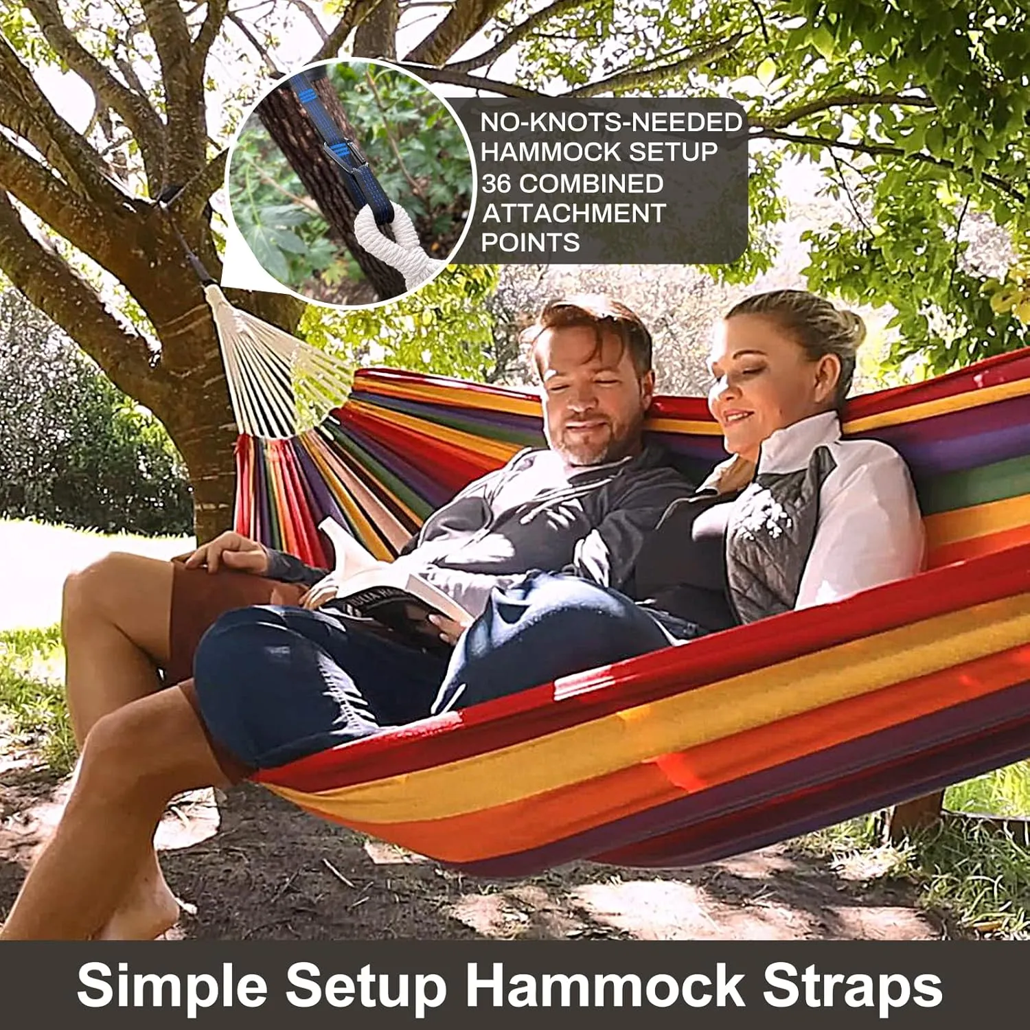 Brazilian Double Hammock with Tree Straps,Extra Large 94x63IN,2 Persons Hammock for Backyard Patio Outdoor and Indoor,450lbs Weight Capacity,Soft Woven Cotton Fabric - Blue Stripe