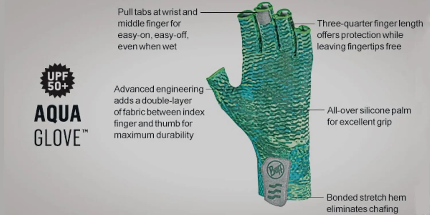 BUFF Adult Aqua Gloves, UPF 50  Sun Protection, Odor-Resistant Fabric, Quick Drying and Lightweight, Outdoor Activities, Multiple Sizes