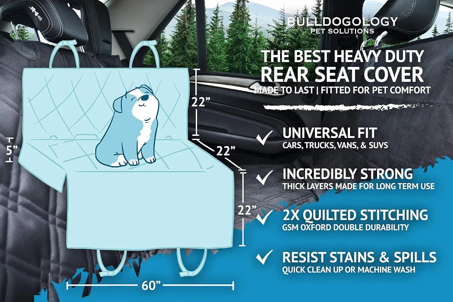 Bulldogology Dog Car Seat Cover 64"x60" Waterproof Heavy Duty Bench Dog Hammock Backseat Protector from Hair, Muddy Paws, Scratches - Pet Car Seat Cover for Cars Trucks SUVs (X-Large)