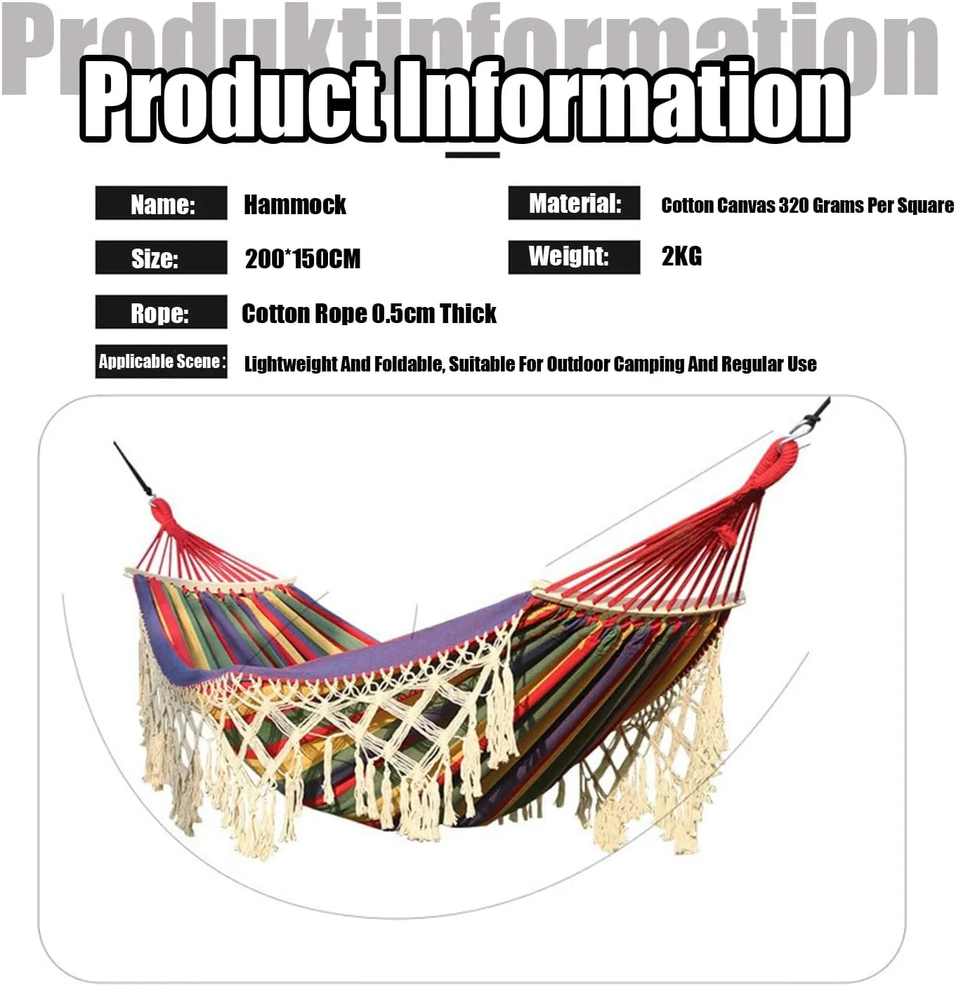 Camping Hammock Brazilian Tassels with Fringe Crochet Cotton Linen Double Hammock for Outdoor Indoor Garden Patio Porch Yard Included Carrying Bag Garden Patio Backyard