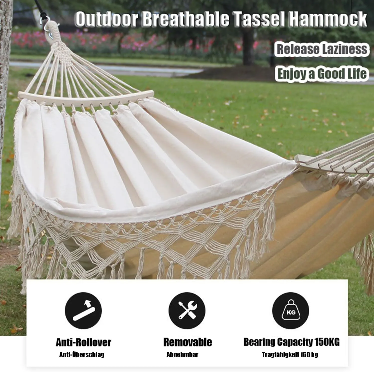 Camping Hammock Brazilian Tassels with Fringe Crochet Cotton Linen Double Hammock for Outdoor Indoor Garden Patio Porch Yard Included Carrying Bag Garden Patio Backyard