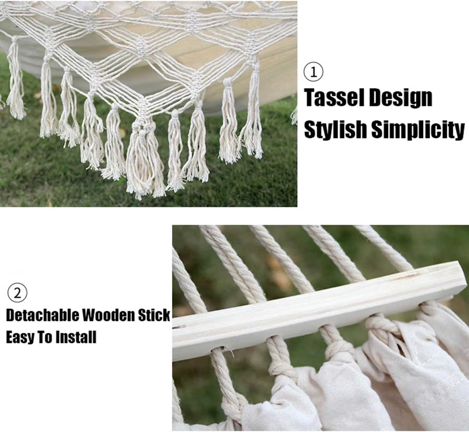 Camping Hammock Brazilian Tassels with Fringe Crochet Cotton Linen Double Hammock for Outdoor Indoor Garden Patio Porch Yard Included Carrying Bag Garden Patio Backyard