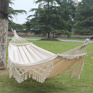 Camping Hammock Brazilian Tassels with Fringe Crochet Cotton Linen Double Hammock for Outdoor Indoor Garden Patio Porch Yard Included Carrying Bag Garden Patio Backyard