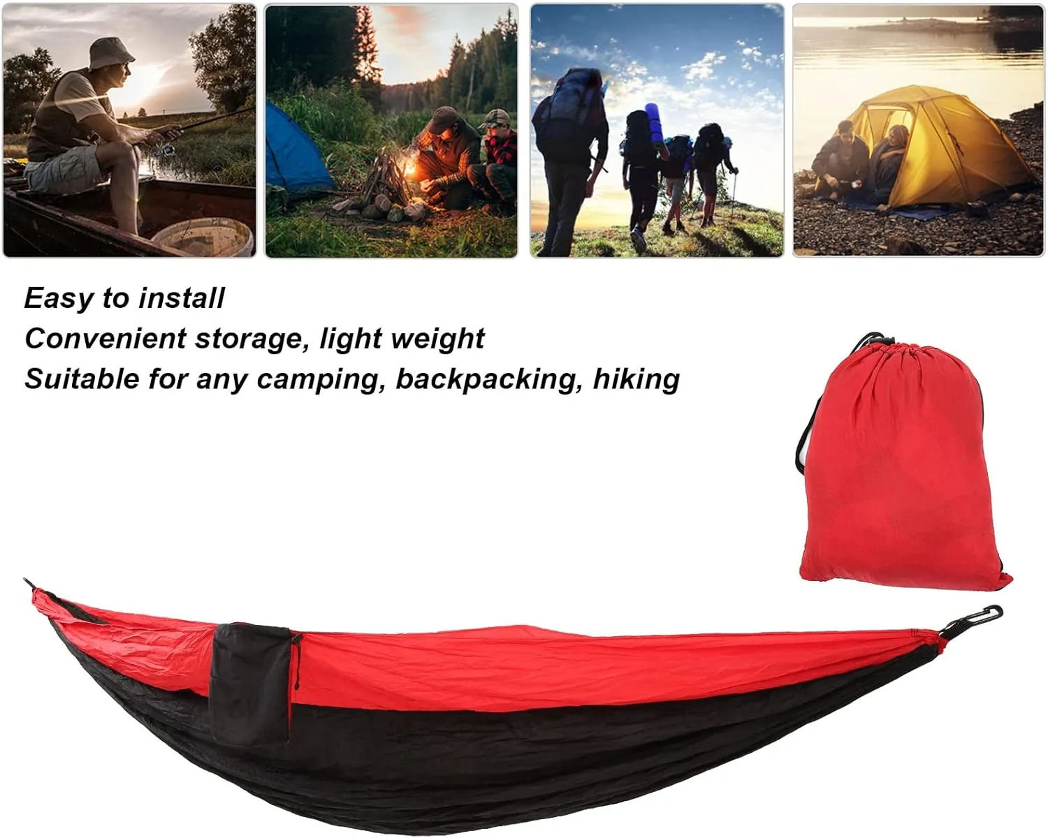 Camping Hammock for 2 Person Portable Parachute Nylon Hammock for Travel Outdoor Backpacking Camping Hammock Portable Hammock Camping Essentials Outdoor Hammock (Red and Black)