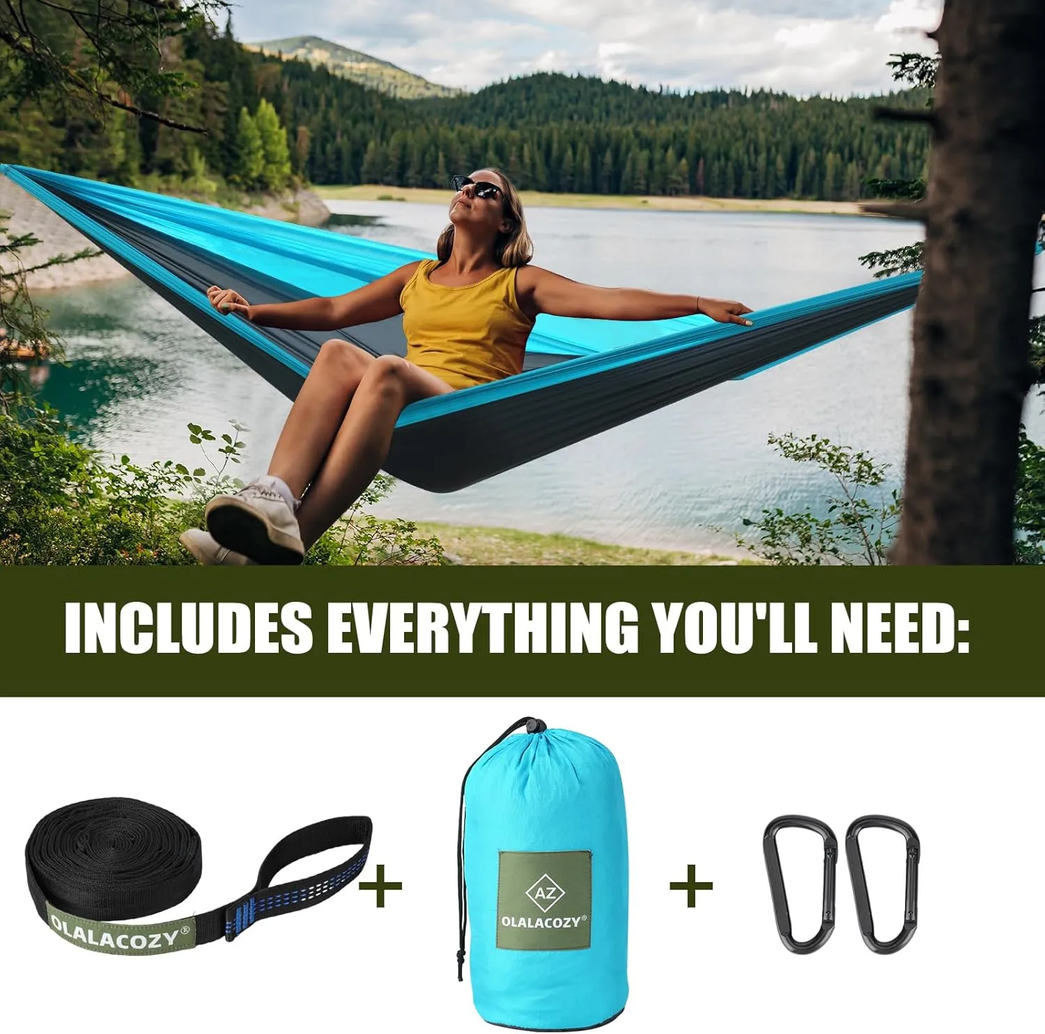 Camping Hammock,Camping Essentials,Lightweight Portable Double & Single Hammock with Tree Straps, Camping Gear for Outside Hiking Camping Beach Backpack Travel, Blue & Light Black, Large