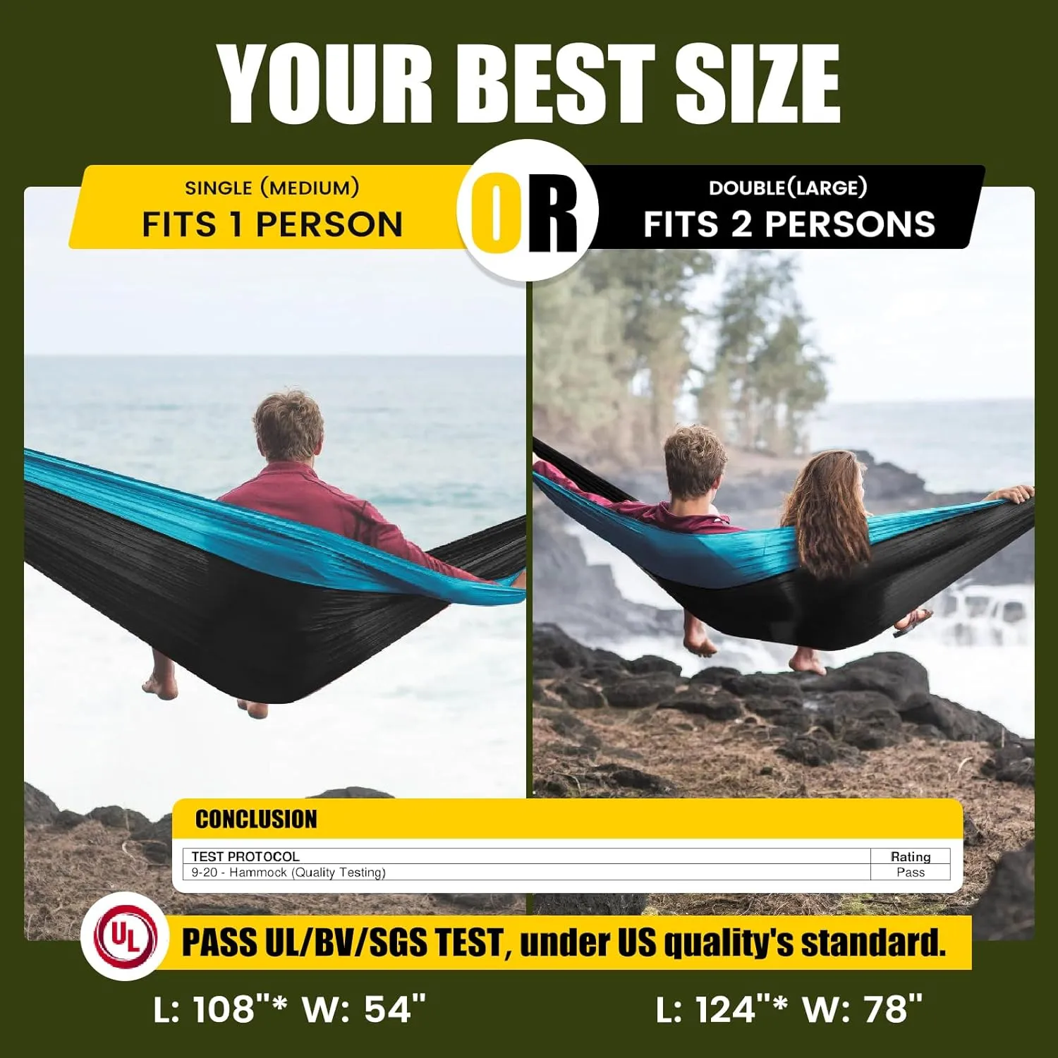 Camping Hammock,Camping Essentials,Lightweight Portable Double & Single Hammock with Tree Straps, Camping Gear for Outside Hiking Camping Beach Backpack Travel, Blue & Light Black, Large