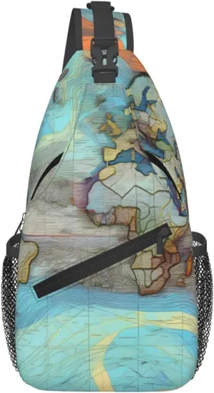 Cartoon world map Patterned crossbody chest bag, casual hiking shoulder bag, travel crossbody backpack for men and women