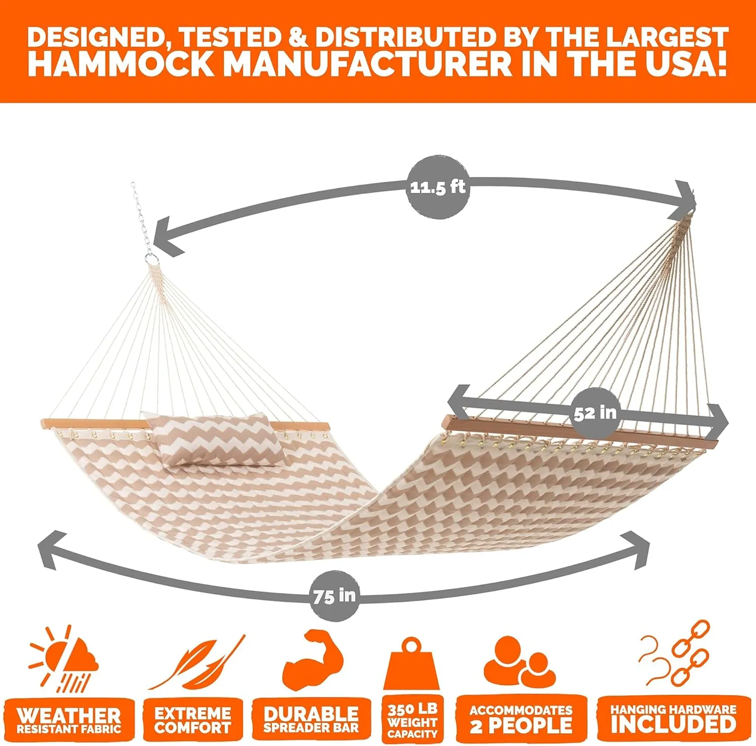Castaway Living Large 11.5 ft Beige Chevron Polyester Quilted Hammock with Pillow, Storage Bag, Extension Chains & Tree Hooks Included, 350 Pound Weight Capacity, Perfect for Any Space