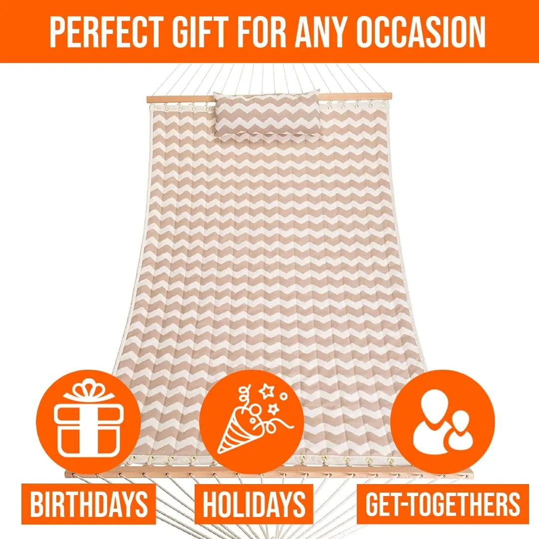 Castaway Living Large 11.5 ft Beige Chevron Polyester Quilted Hammock with Pillow, Storage Bag, Extension Chains & Tree Hooks Included, 350 Pound Weight Capacity, Perfect for Any Space