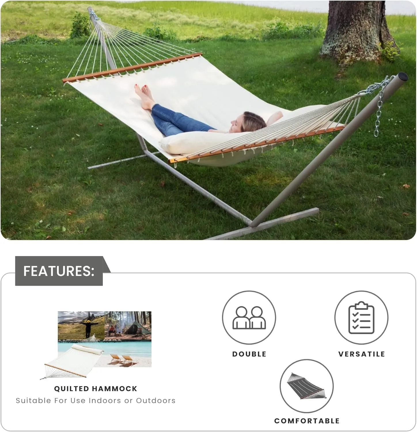 Ceara Patio Hammock Olefin Hammock Double Hammock for Two People Outdoor Patio Swing Chair Quilted Hammock Use Inside Outside Backyard Decor Porch Swing - Cream White