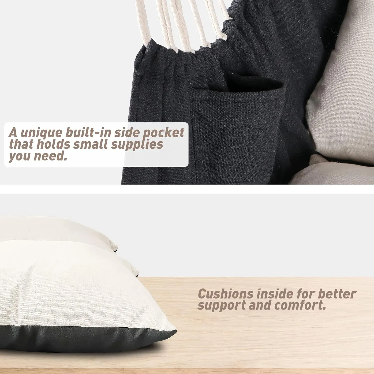 Chihee Hammock Chair Hanging Swing 2 Pillows Included,Strong Webbing Straps and Hooks for Easy Hanging Soft Cotton Hanging Chair Side Pocket Tassel Chair Comfort Indoor Outdoor Dark Grey
