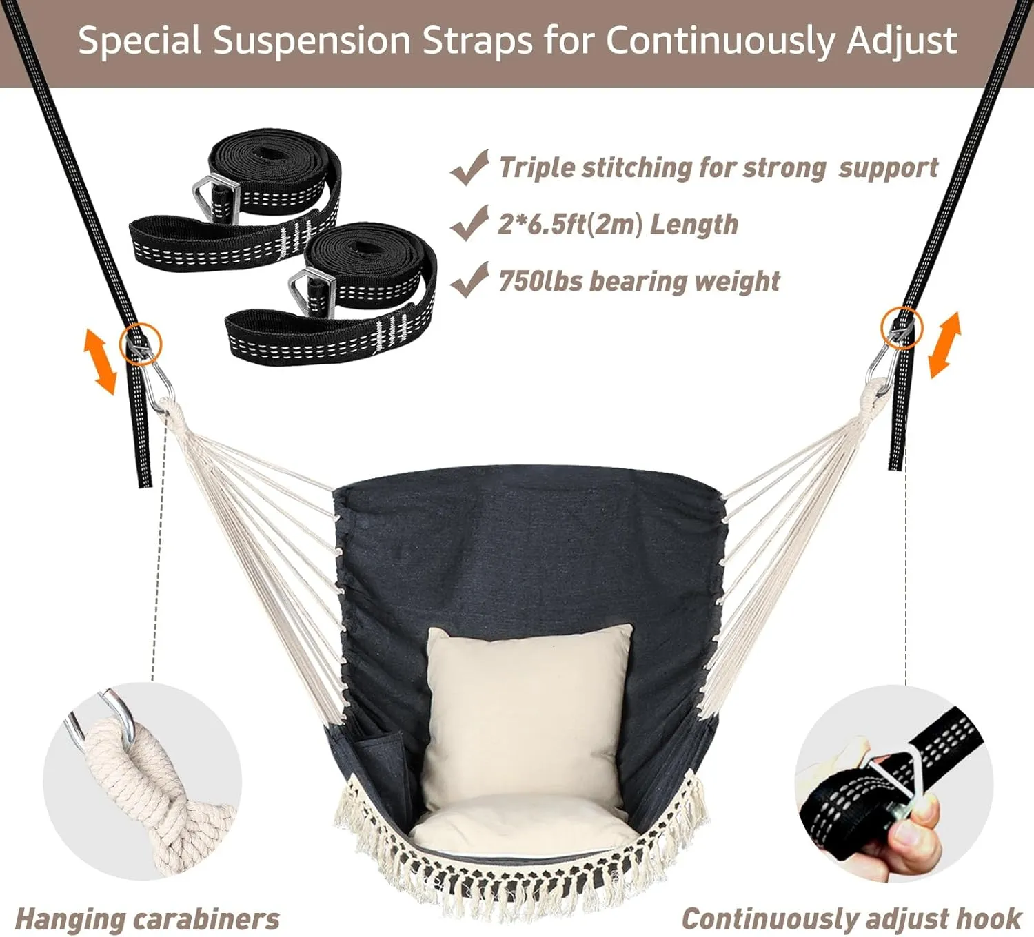 Chihee Hammock Chair Hanging Swing 2 Pillows Included,Strong Webbing Straps and Hooks for Easy Hanging Soft Cotton Hanging Chair Side Pocket Tassel Chair Comfort Indoor Outdoor Dark Grey