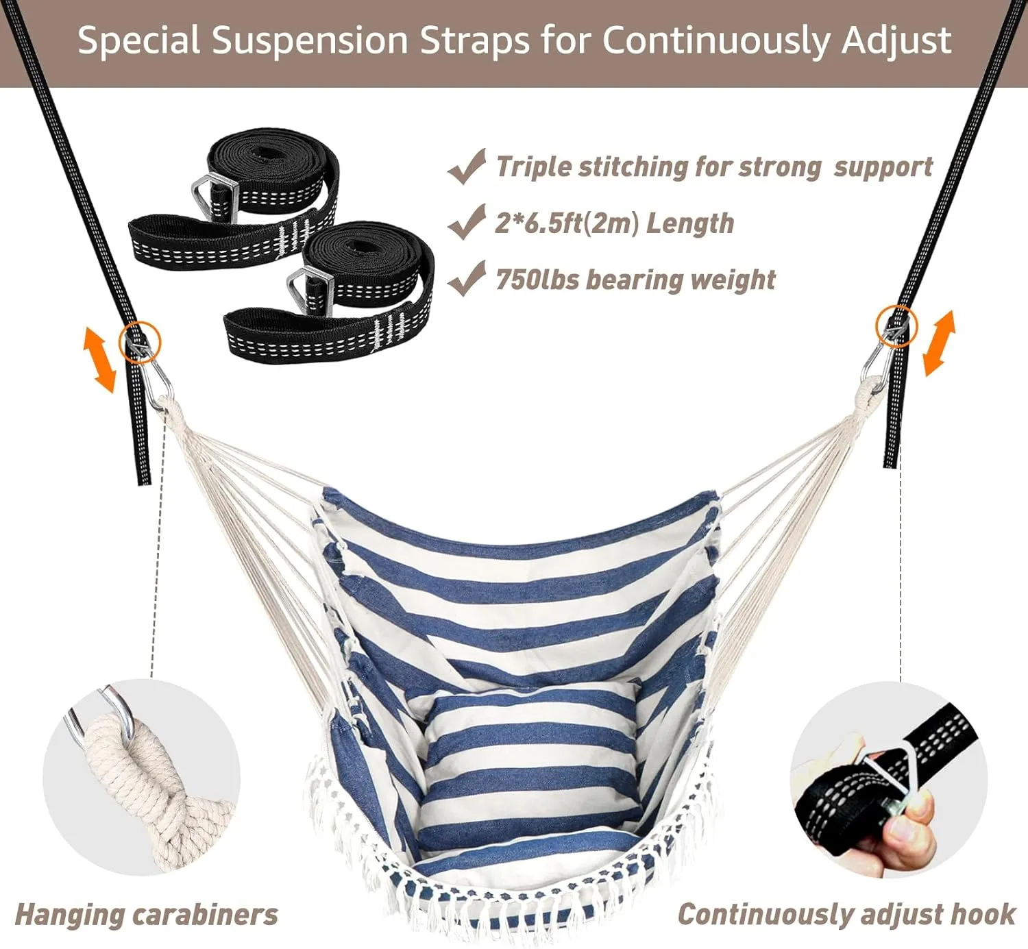 Chihee Hammock Chair Hanging Swing 2 Pillows Included,Strong Webbing Straps and Hooks for Easy Hanging Soft Cotton Hanging Chair Side Pocket Tassel Chair Comfort Indoor Outdoor