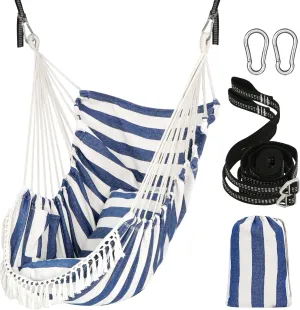 Chihee Hammock Chair Hanging Swing 2 Pillows Included,Strong Webbing Straps and Hooks for Easy Hanging Soft Cotton Hanging Chair Side Pocket Tassel Chair Comfort Indoor Outdoor
