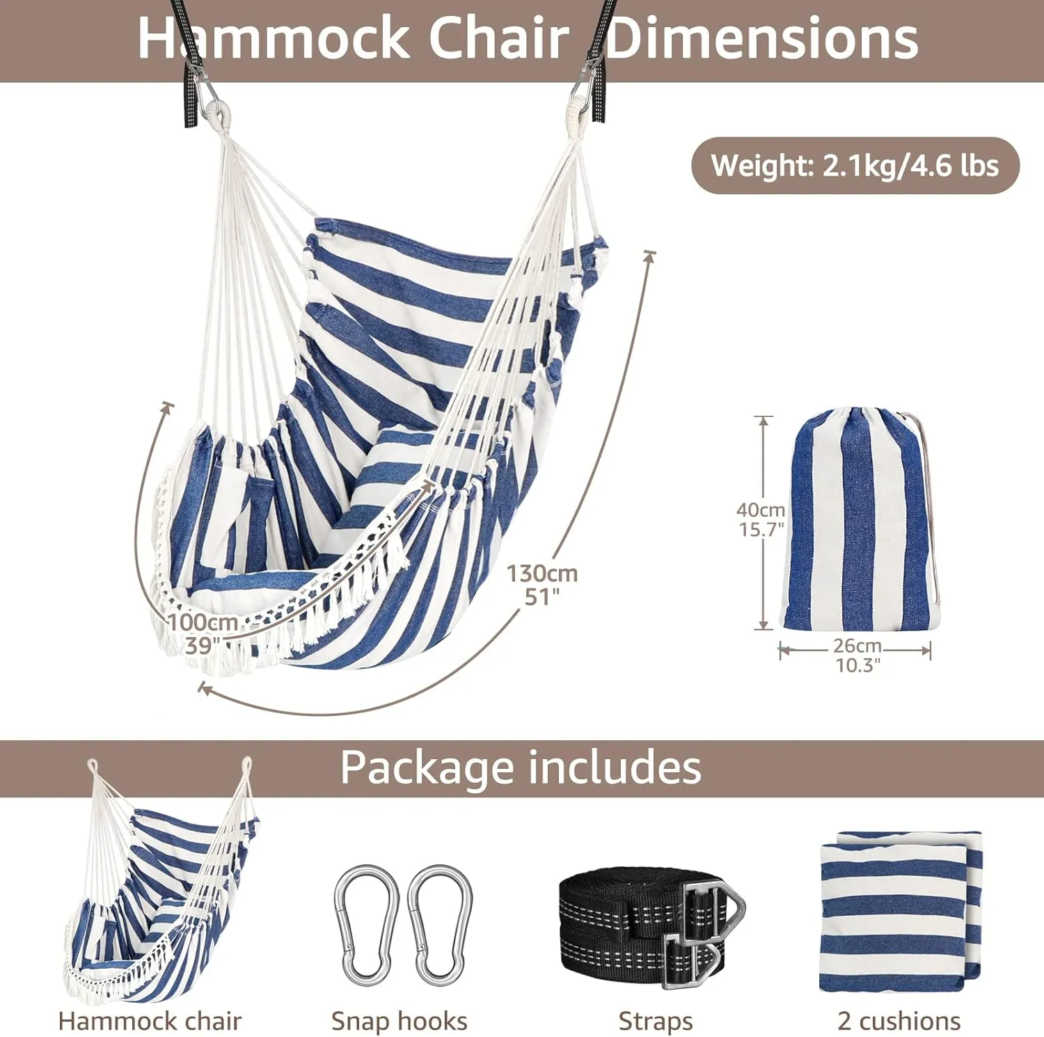 Chihee Hammock Chair Hanging Swing 2 Pillows Included,Strong Webbing Straps and Hooks for Easy Hanging Soft Cotton Hanging Chair Side Pocket Tassel Chair Comfort Indoor Outdoor