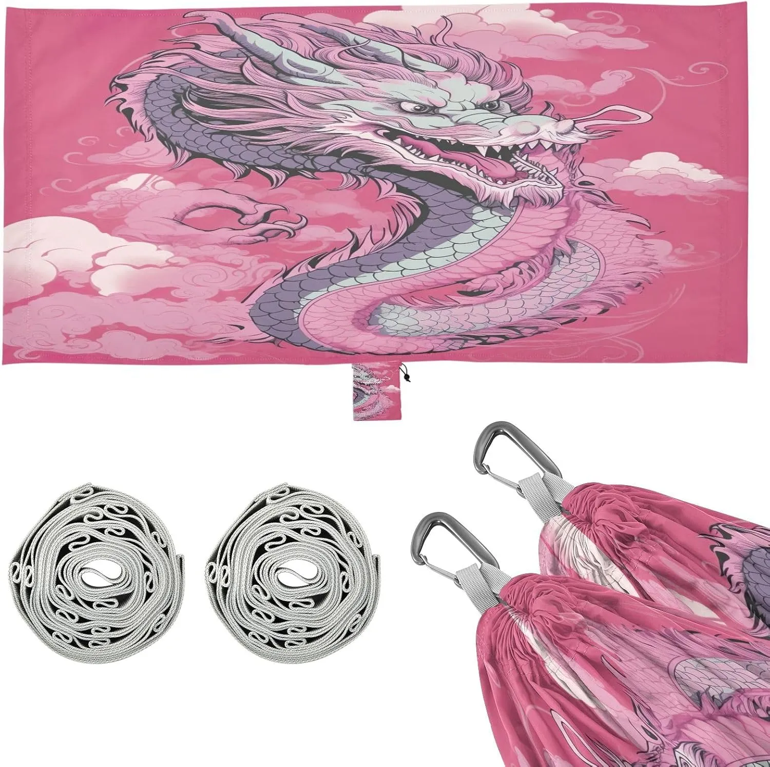 Chinese Dragon Pink Camping Hammock, 330 lbs with 2 Tree Straps, Carry Bag, Single Portable Hammock for Outdoor/Indoor, Hiking, Beach, Backpacking, Travel