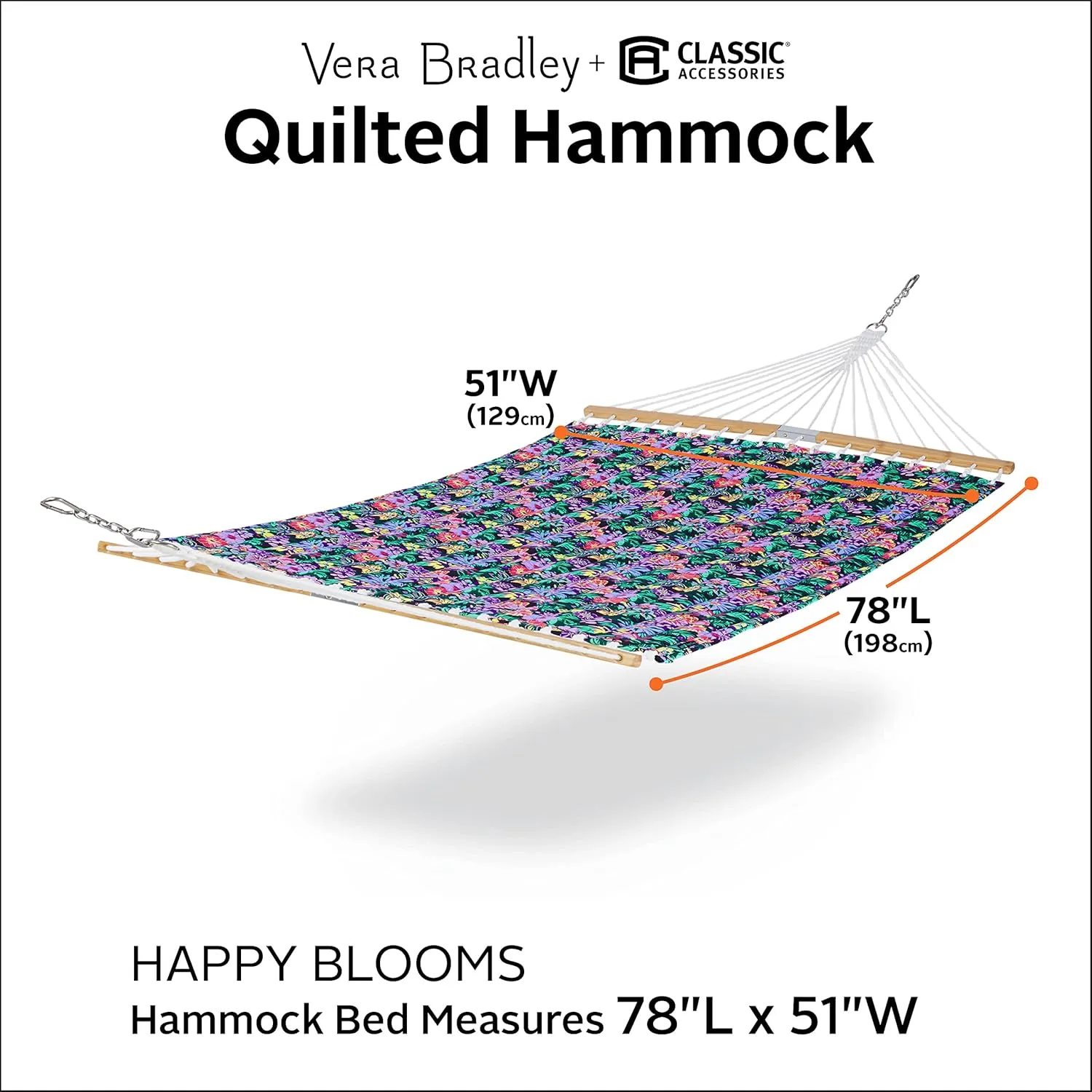Classic Accessories for Vera Bradley Water-Resistant Quilted Hammock, 78 x 51 Inch, Happy Blooms