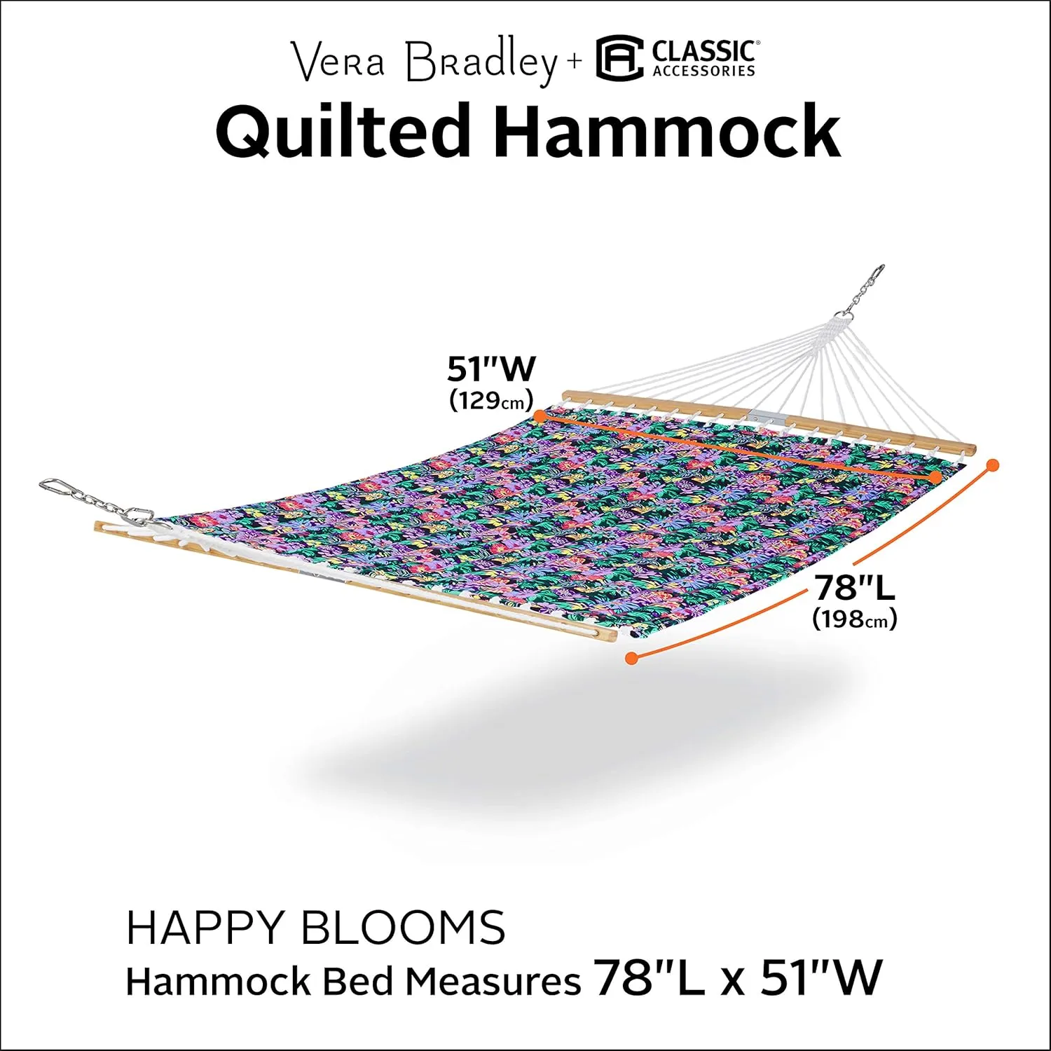 Classic Accessories for Vera Bradley Water-Resistant Quilted Hammock, 78 x 51 Inch, Happy Blooms
