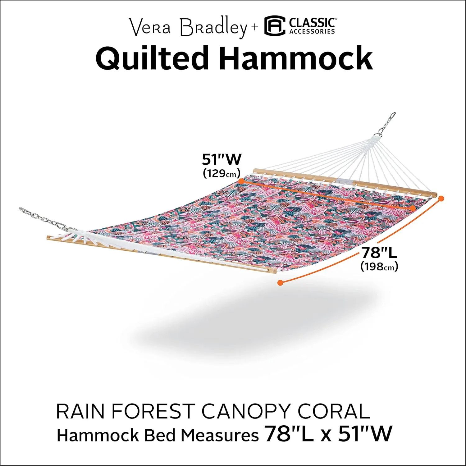 Classic Accessories for Vera Bradley Water-Resistant Quilted Hammock, 78 x 51 Inch, Rain Forest Canopy Coral