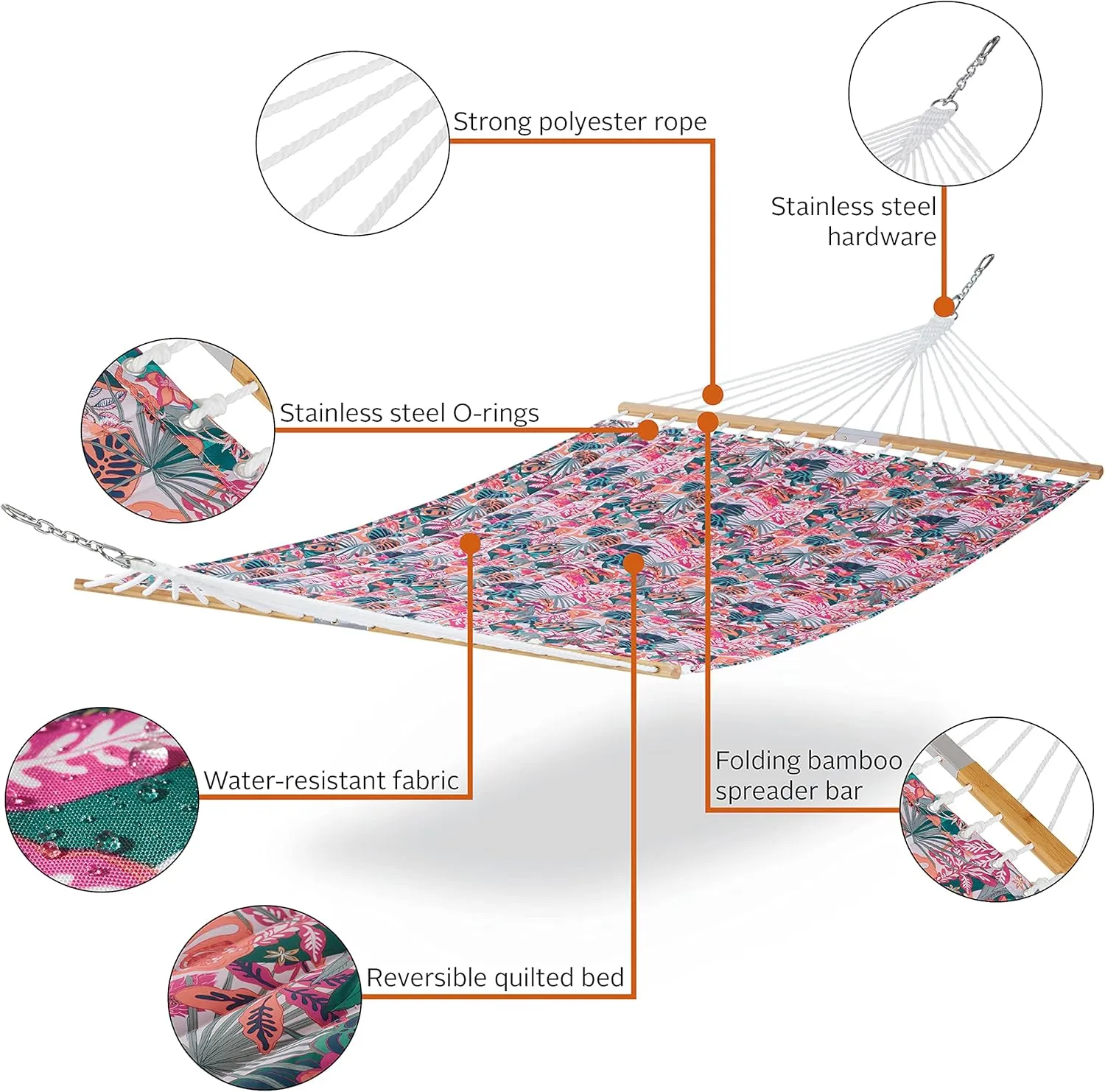 Classic Accessories for Vera Bradley Water-Resistant Quilted Hammock, 78 x 51 Inch, Rain Forest Canopy Coral