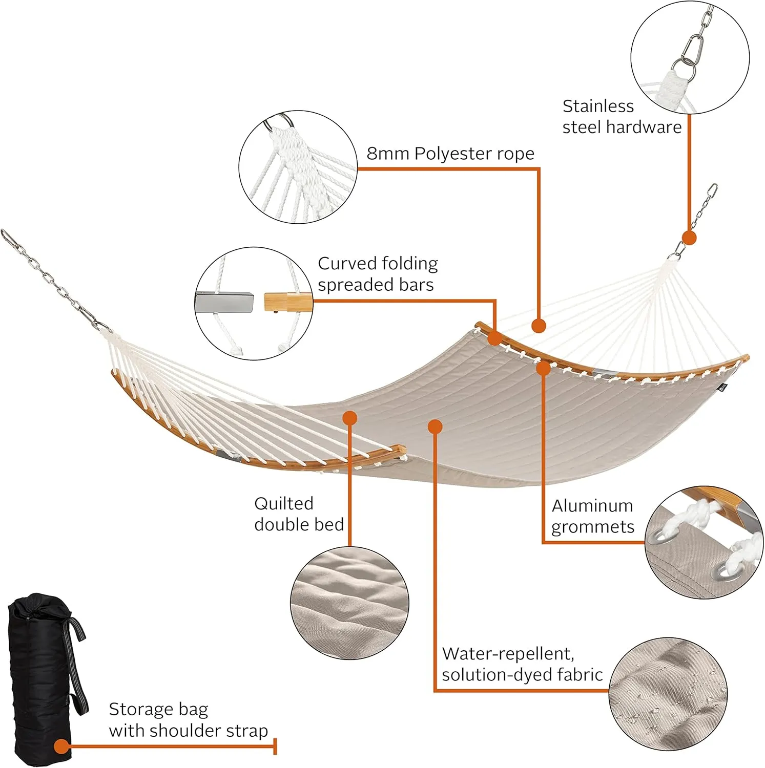 Classic Accessories Ravenna 81 x 55 Inch Quilted Double Hammock, Mushroom