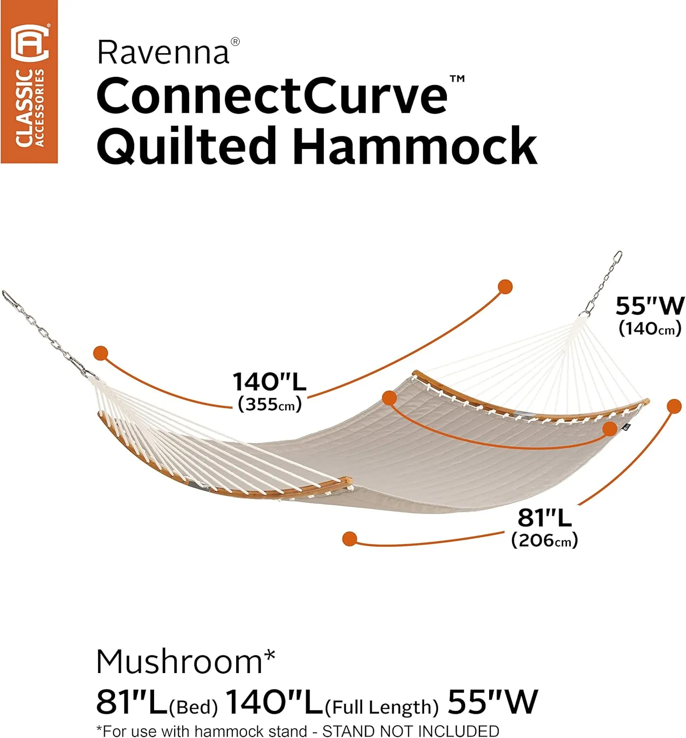 Classic Accessories Ravenna 81 x 55 Inch Quilted Double Hammock, Mushroom