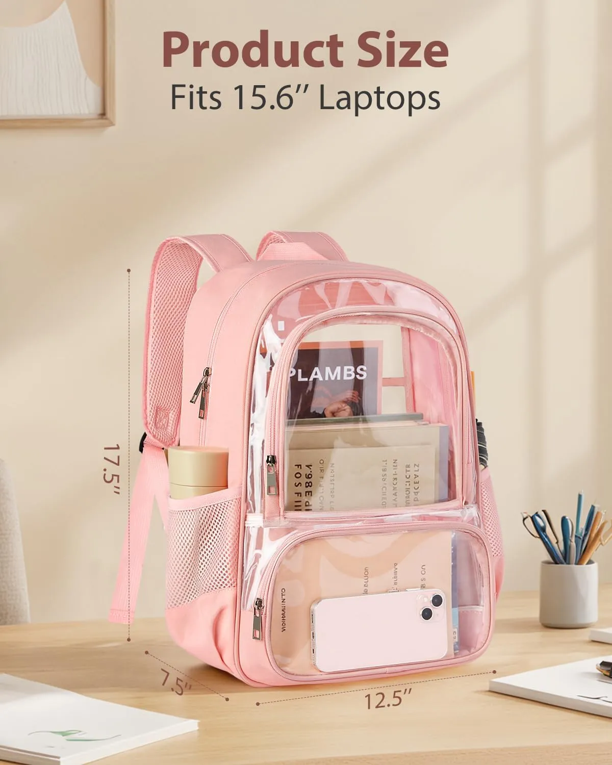 Clear Backpack, Fabric & PVC Transparent Backpack with Reinforced Strap for Women Men, Heavy Duty Transparent Bookbag, Large Capacity Clear bag, Travel, Security, Pink