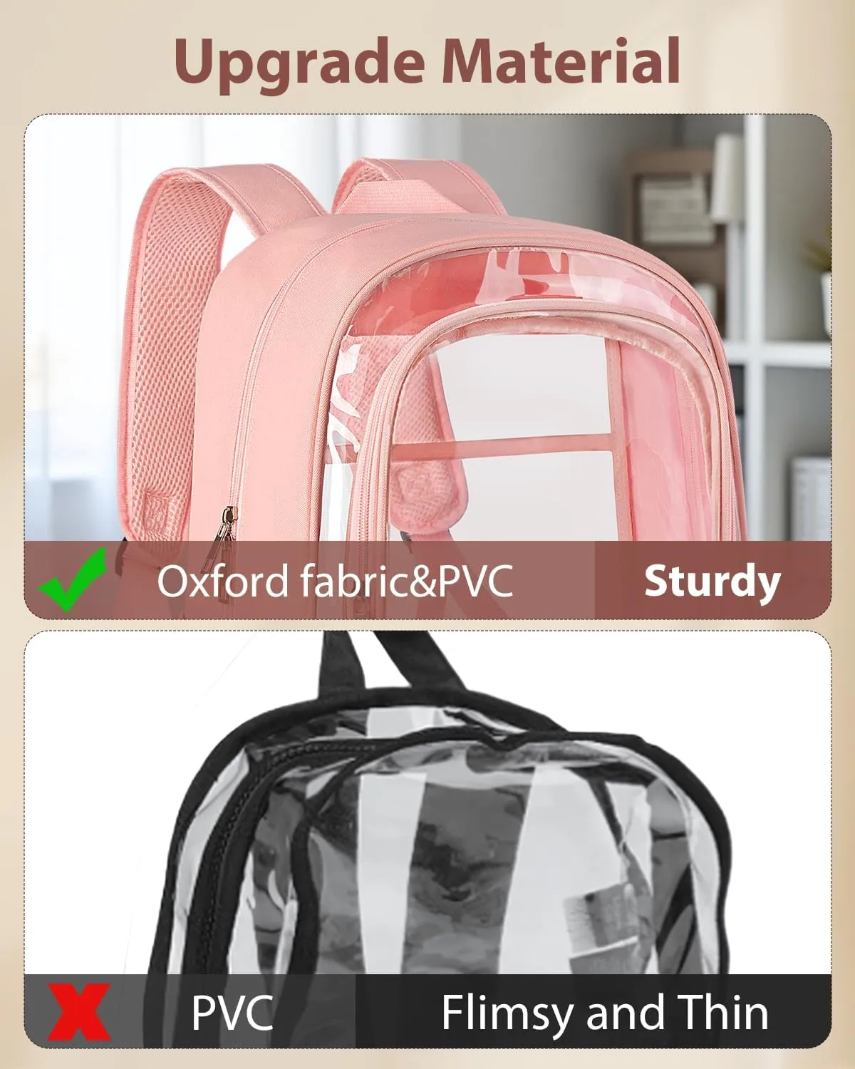 Clear Backpack, Fabric & PVC Transparent Backpack with Reinforced Strap for Women Men, Heavy Duty Transparent Bookbag, Large Capacity Clear bag, Travel, Security, Pink