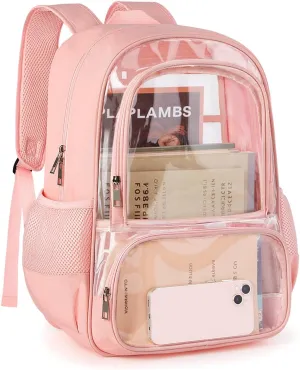 Clear Backpack, Fabric & PVC Transparent Backpack with Reinforced Strap for Women Men, Heavy Duty Transparent Bookbag, Large Capacity Clear bag, Travel, Security, Pink