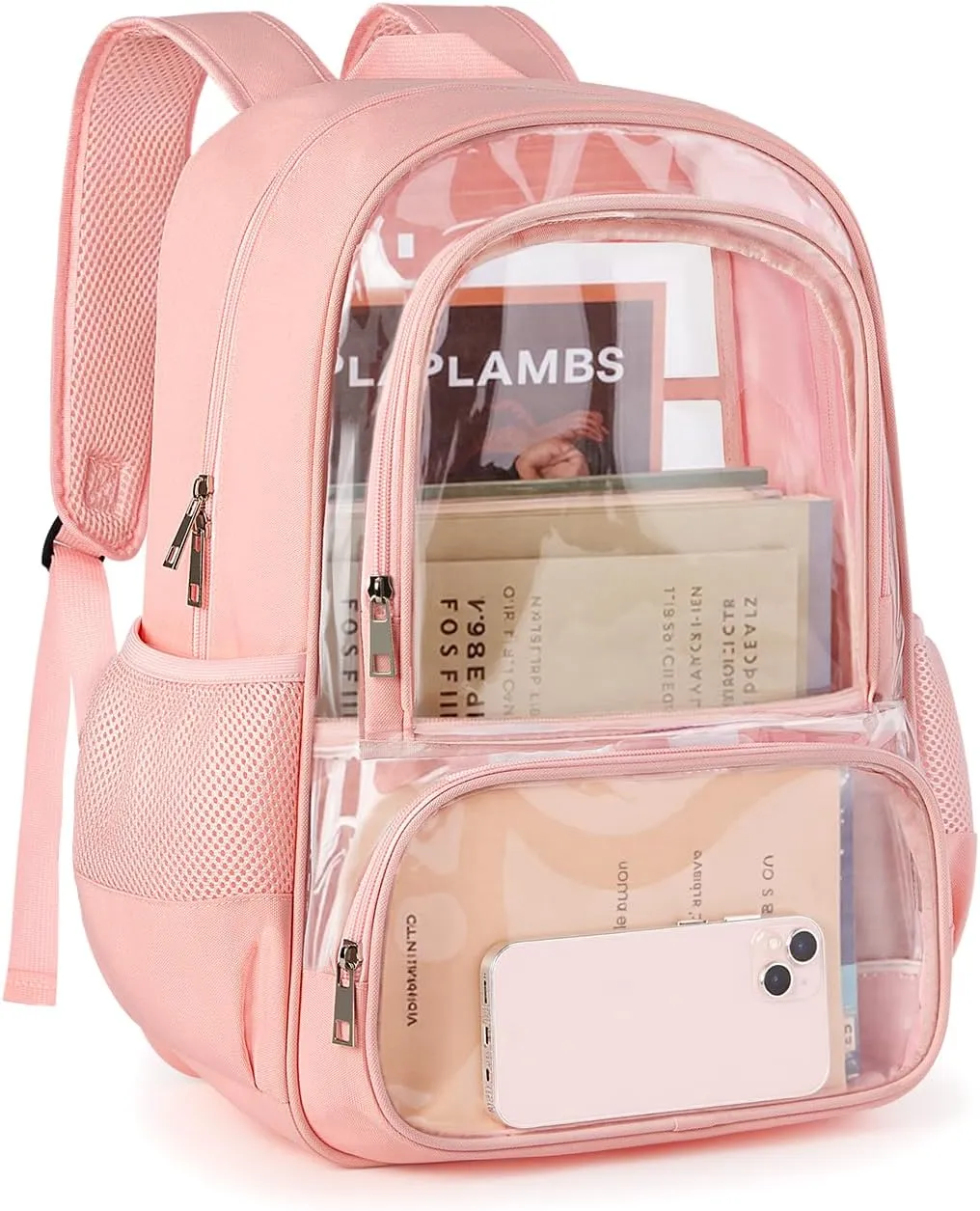 Clear Backpack, Fabric & PVC Transparent Backpack with Reinforced Strap for Women Men, Heavy Duty Transparent Bookbag, Large Capacity Clear bag, Travel, Security, Pink