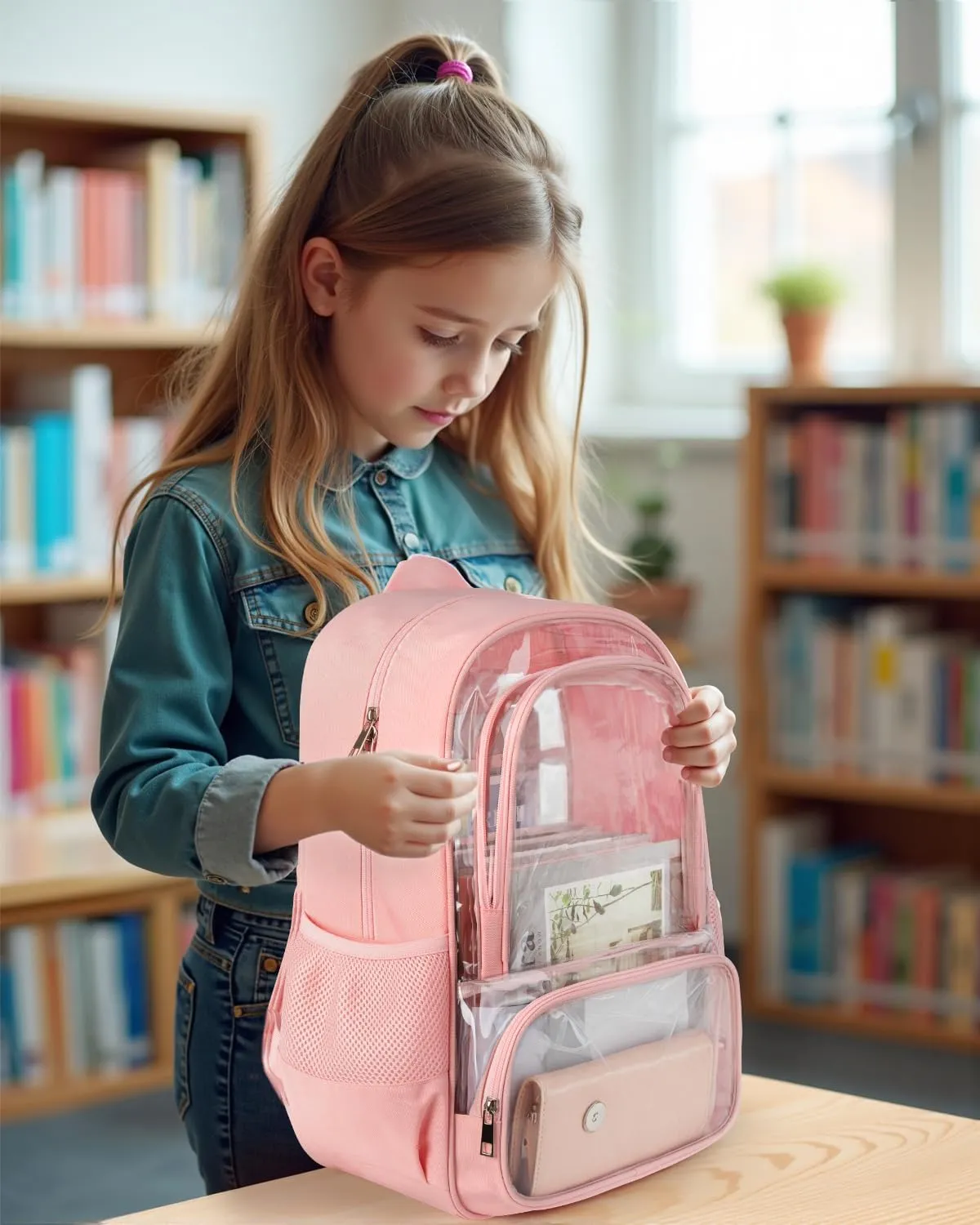 Clear Backpack, Fabric & PVC Transparent Backpack with Reinforced Strap for Women Men, Heavy Duty Transparent Bookbag, Large Capacity Clear bag, Travel, Security, Pink