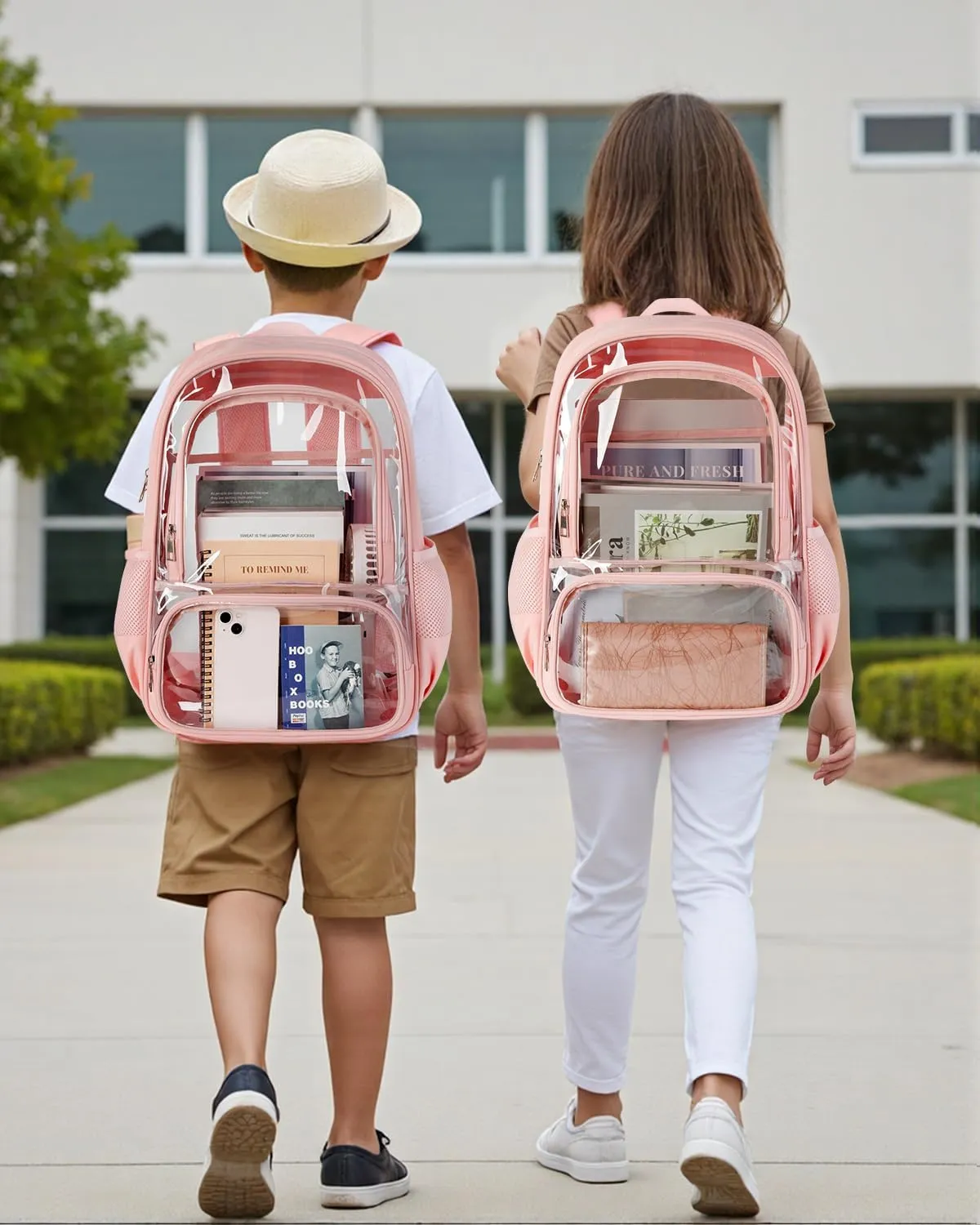 Clear Backpack, Fabric & PVC Transparent Backpack with Reinforced Strap for Women Men, Heavy Duty Transparent Bookbag, Large Capacity Clear bag, Travel, Security, Pink
