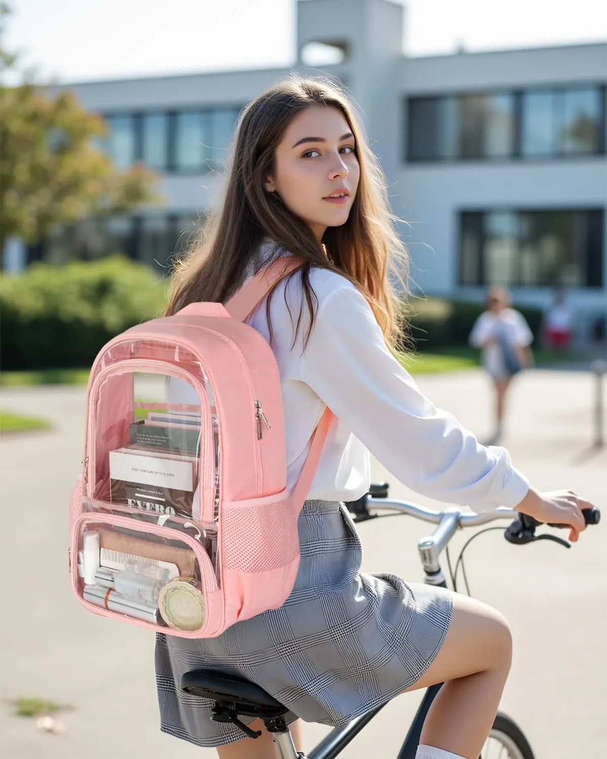 Clear Backpack, Fabric & PVC Transparent Backpack with Reinforced Strap for Women Men, Heavy Duty Transparent Bookbag, Large Capacity Clear bag, Travel, Security, Pink