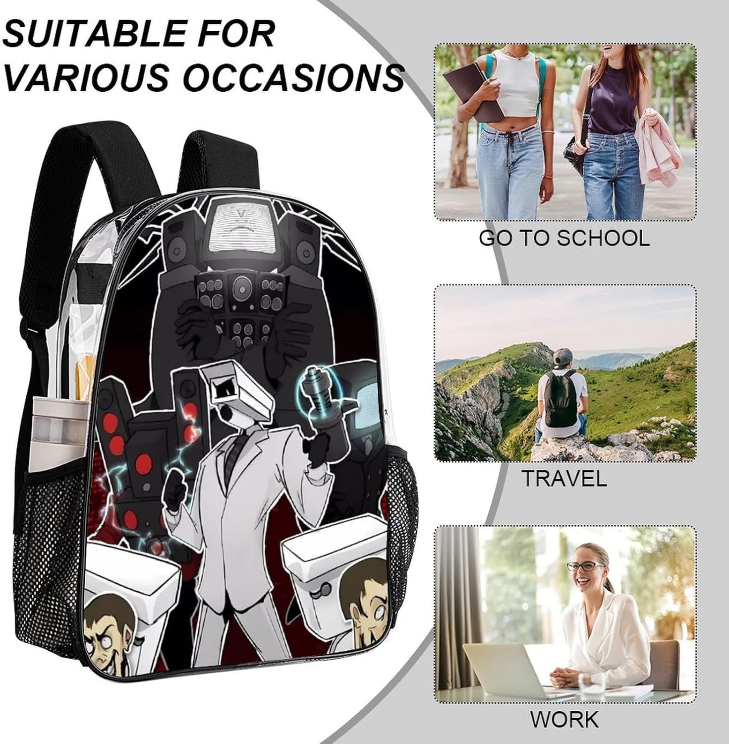 Clear Backpack Heavy Duty PVC Transparent Funny Toi-let Backpack 17"" Large Capacity See Through Bag for College, 43x32x13cm, Style-1