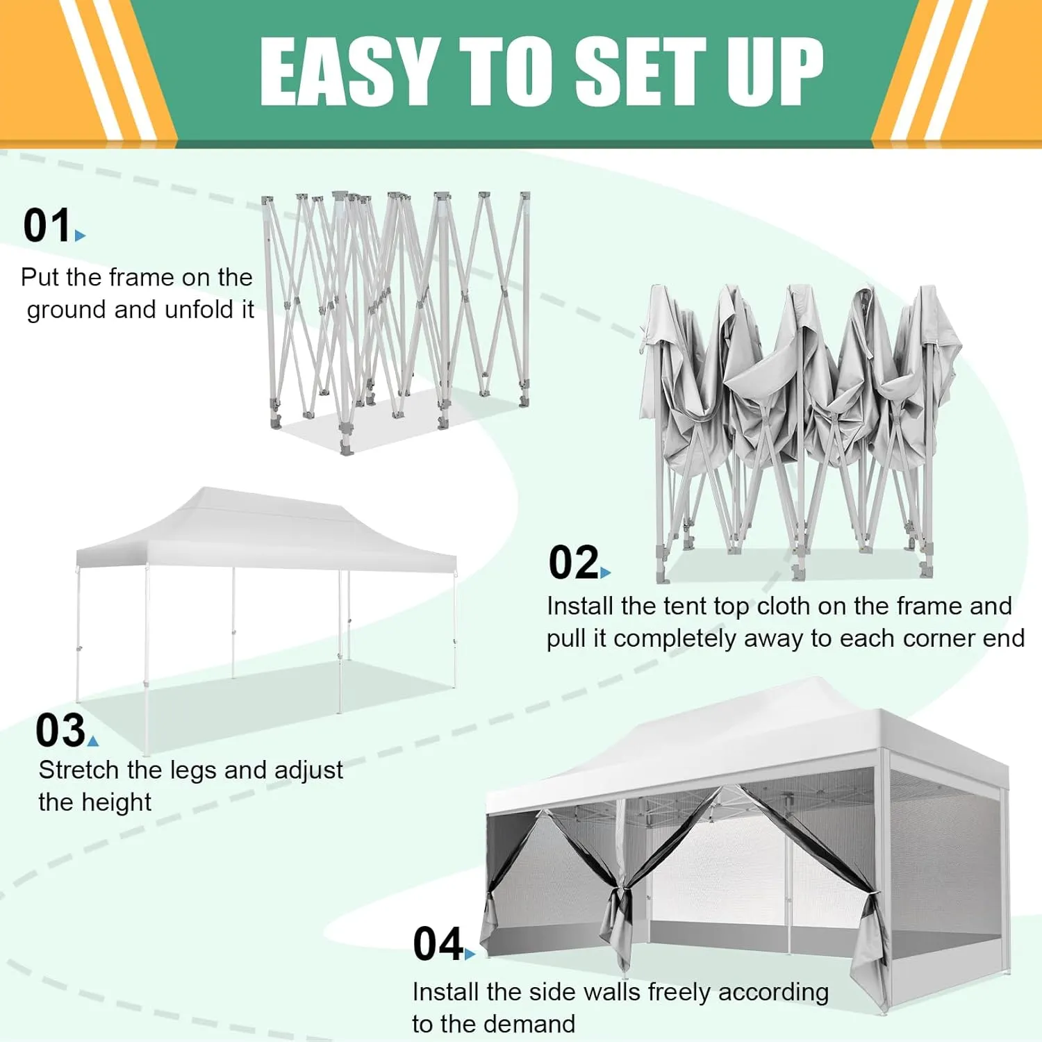 COBIZI 10x20 Canopy Tent, Heavy Duty Pop up Canopy with Sidewalls, Waterproof Easy Setup Canopy with Mosquito Netting, Outdoor Instant Screen Tents for Parties, Wedding with Roller Bag, White