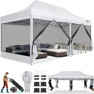 COBIZI 10x20 Canopy Tent, Heavy Duty Pop up Canopy with Sidewalls, Waterproof Easy Setup Canopy with Mosquito Netting, Outdoor Instant Screen Tents for Parties, Wedding with Roller Bag, White