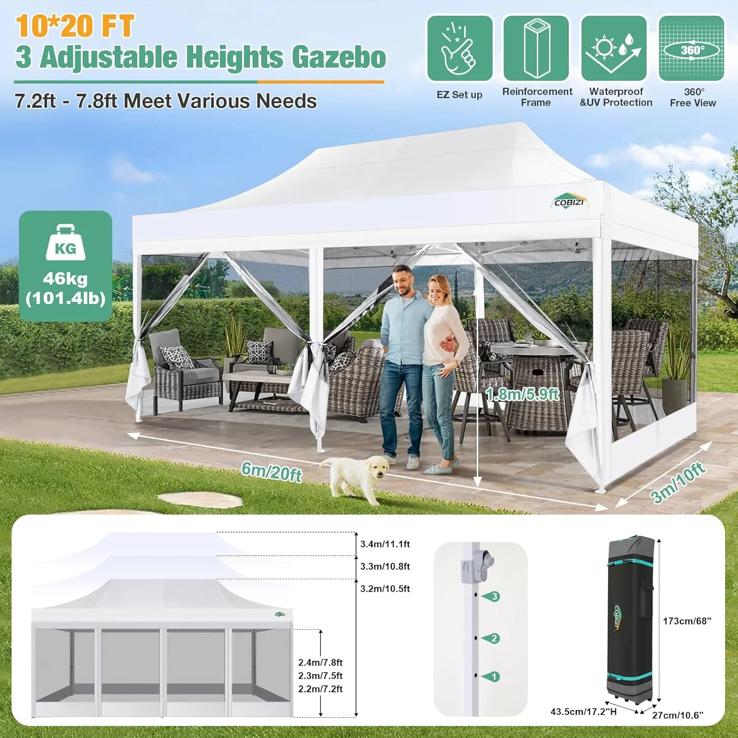 COBIZI 10x20 Canopy Tent, Heavy Duty Pop up Canopy with Sidewalls, Waterproof Easy Setup Canopy with Mosquito Netting, Outdoor Instant Screen Tents for Parties, Wedding with Roller Bag, White